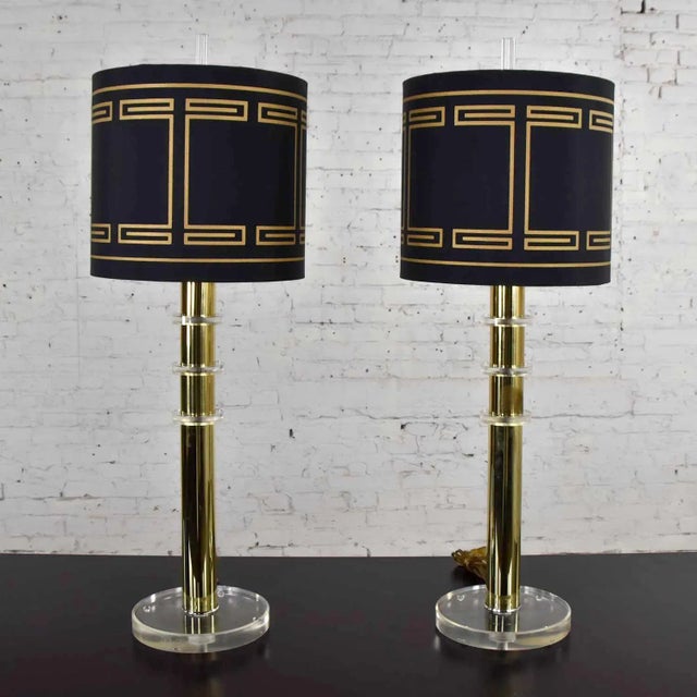 Fabulous vintage modern and rather Hollywood Regency brass plate and Lucite lamps a pair in the style of Karl Springer...