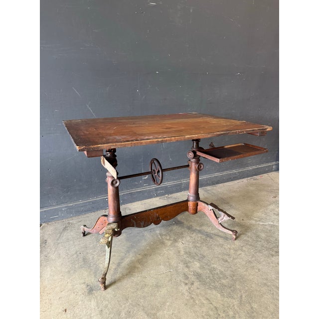 Exceptional Antique Cast Iron Drafting Table by Keuffel & Esser. Marked under the table. Wonderful early adjusting...