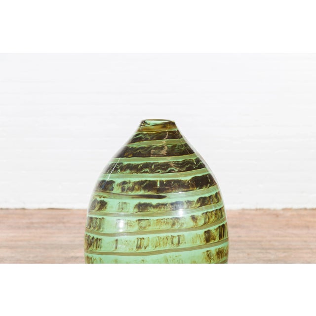 Artisan Contemporary Green and Brown Glaze Ceramic Vase with Spiral Decor For Sale - Image 4 of 13