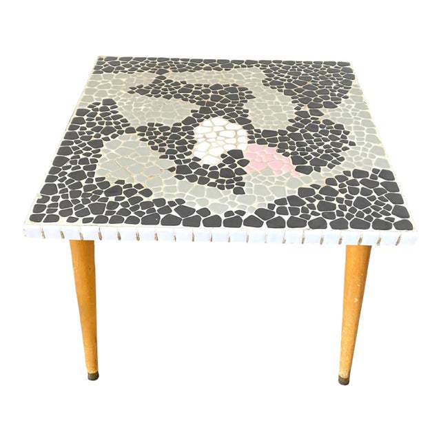Mid Century Mosaic Table Petite Side Table Indoor Outdoor Furniture Retro Pink Black White Tile For Sale