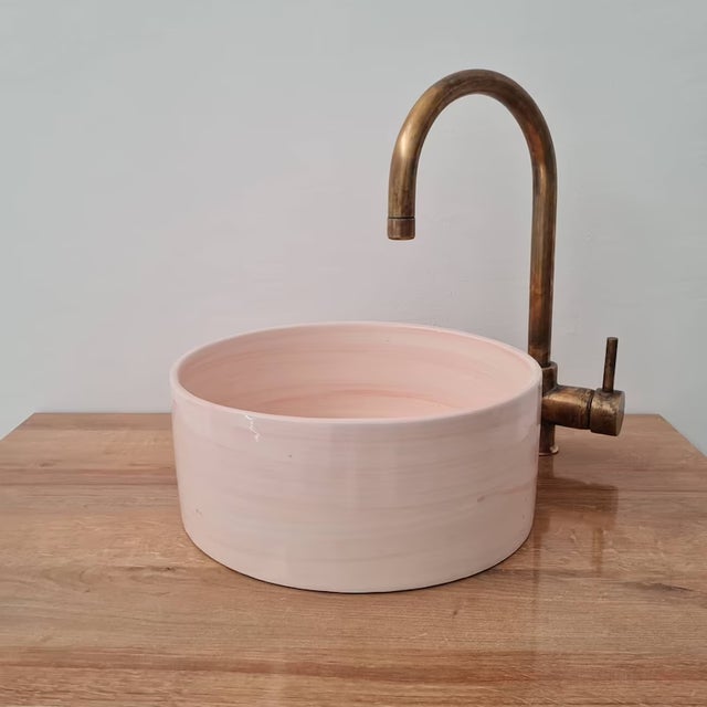Not Yet Made - Made To Order Contemporary Pink Bathroom Wash Basin with Brass Drain For Sale - Image 5 of 6
