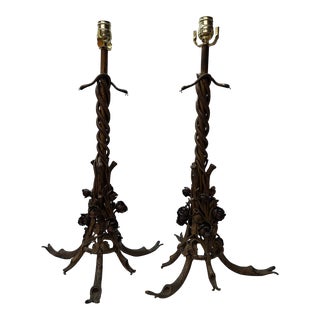Pair of French Art Deco Bronze Table Lamps With Snake & Roses For Sale