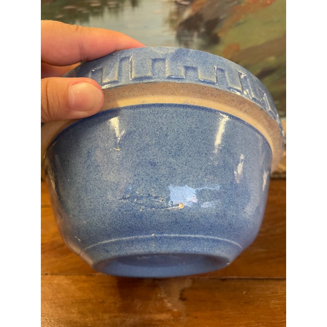 Blue Vintage Blue Stoneware Mixing Bowl With Geometric Band - Marked "Ni-L" For Sale - Image 8 of 9