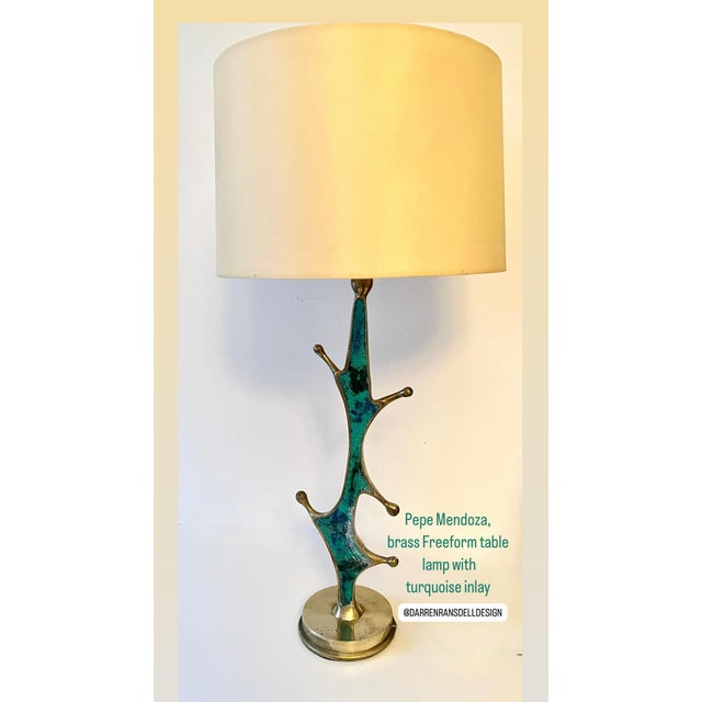 Pepe Mendoza Brass and Turquoise Table Lamp by Mexican Artist, Pepe Mendoza, ca 1950 For Sale - Image 4 of 7
