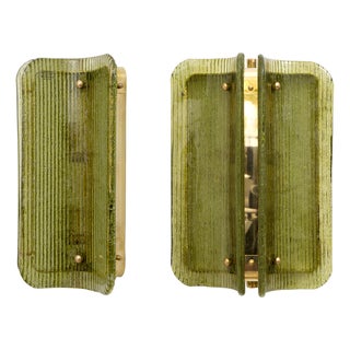 Curved, Ribbed Murano Glass and Brass Wall Sconces, 2000, Set of 2 For Sale