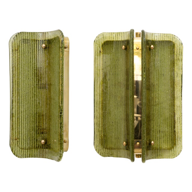 Curved, Ribbed Murano Glass and Brass Wall Sconces, 2000, Set of 2 For Sale