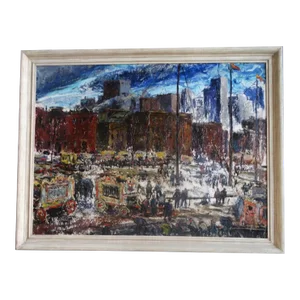 Edgar O Kiechle (1911-1960) - Circus in Town Oil on Board Circa 1947