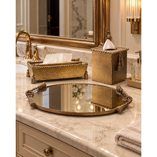Elegant vintage three-piece bathroom or vanity set by Stylebuilt, featuring an ornate gilt finish with twisted-rope...