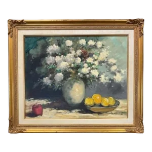 Manuel Cuberos Mid 20th Century Framed Tabletop Still Life Oil Painting on Canvas