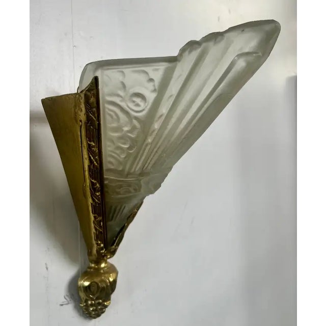 Art Deco 1930s French Art Deco Brass & Frosted Glass Shield Shaped Wall Sconce, a Pair For Sale - Image 3 of 14