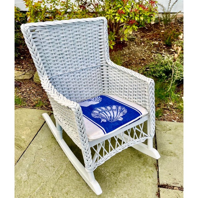 Nantucket White Wicker Children's Rocking Chair With Nautical Cushion