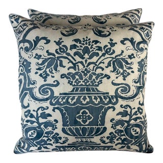 Pair of Custom Blue & White Pair of Carnavalet Patterned Fortuny Pillows For Sale
