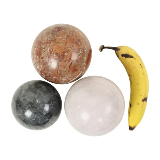 Set of 3 large decorative polished spheres—balls made of solid marble or natural stone featuring colorful gemstones with...