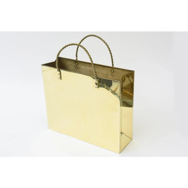 Modern Vintage Brass Shopping Bag Sculpture or Magazine Holder With Braided Handles For Sale - Image 3 of 10