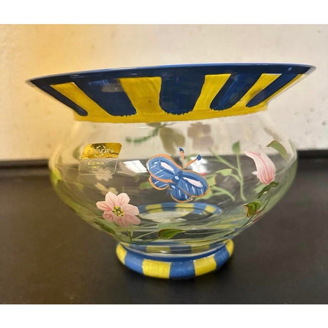 Art Deco 1970s Lenox Hand Painted Art Glass Butterfly Meadow Floral Bowl 5.5”t 7.5”w For Sale - Image 3 of 7