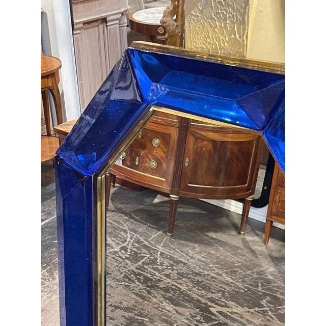 Early 21st Century Modern Heavy Cobalt Blue Murano Glass and Brass Octagonal Mirror For Sale - Image 5 of 8