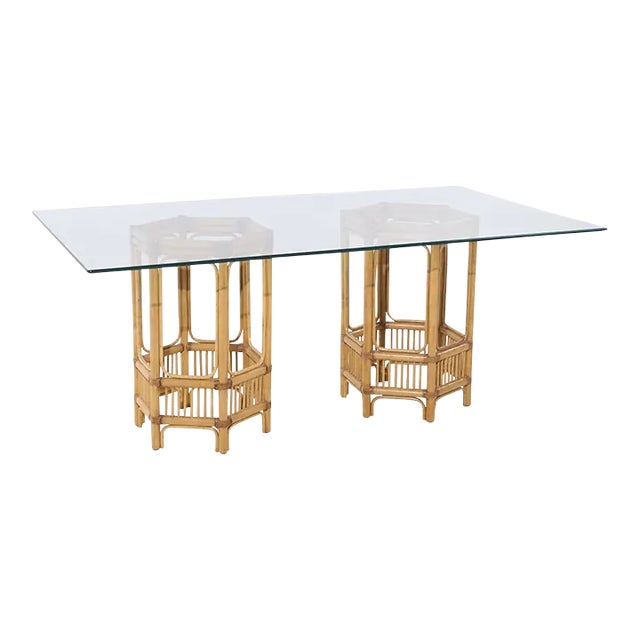 McGuire Style Mid Century Rattan and Glass Dining Table For Sale