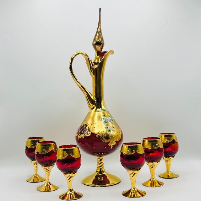 1970s Ruby Red Murano Glass Tre Fuochi Decanter and Liqueur Service, 1950s, Set of 7 For Sale - Image 5 of 14