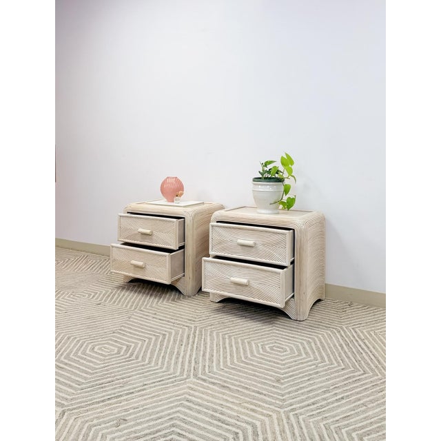 Wood Pair of Vintage Pencil Reed Rattan Nightstand Coastal Hollywood Regency Tables For Sale - Image 7 of 11