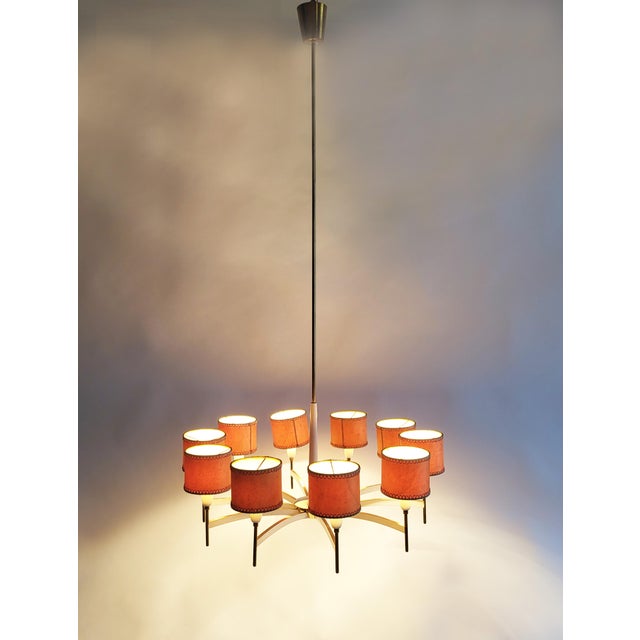 Mid-century brass and glass chandelier, 1950s elegant austrian mid-century brass chandelier with period-style slip-on...