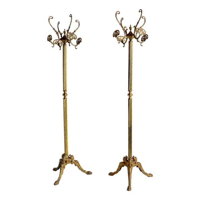 Vintage Italian Ornate Brass Free Standing Coat and Hat Racks, 1960s, Set of 2 For Sale