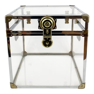 1970s Vintage Chrome & Lucite Clear Acrylic Trunk Chest With Key For Sale