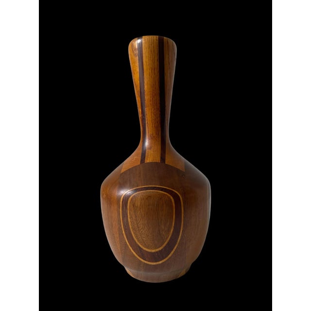 Late 20th Century Late 20th Century Vintage Artisan Carved Wood Inlay Vase For Sale - Image 5 of 9