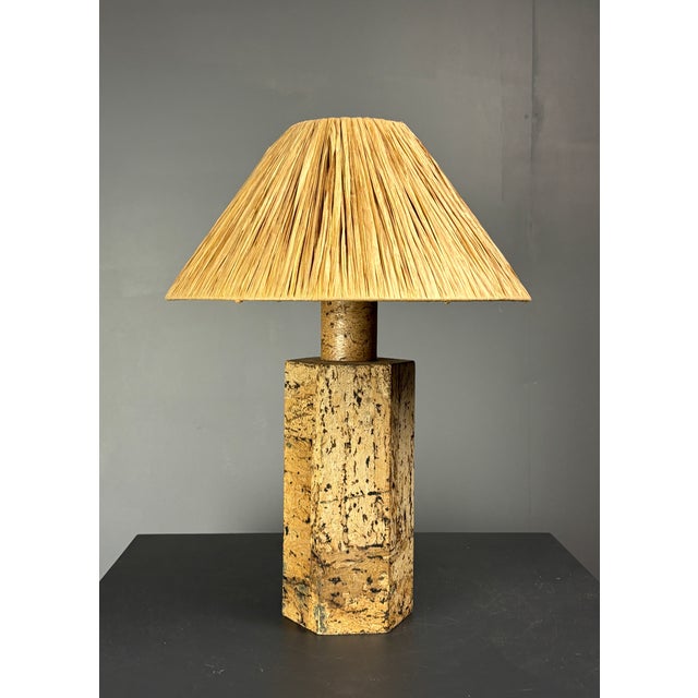 Mid-Century Boho Cork Table Lamp with Raffia Shade in the style of Ingo Maurer, 1970s For Sale - Image 10 of 18
