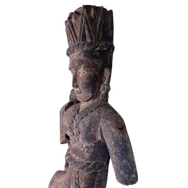 Brown Antique Indonesian Crowned Angel Wood Sculpture For Sale - Image 8 of 11