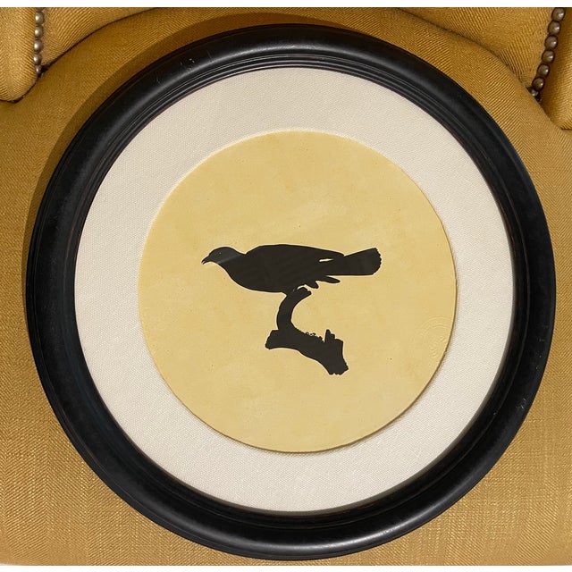 Showroom New. Pair of Natural Curiosities Round Bird Prints. Cream linen mat. Framed in a round distressed, rubbed black...