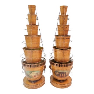 Pair of Antique French Tole Tulipieres With Hand-Painted Scenic Panels For Sale