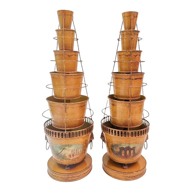Pair of Antique French Tole Tulipieres With Hand-Painted Scenic Panels For Sale