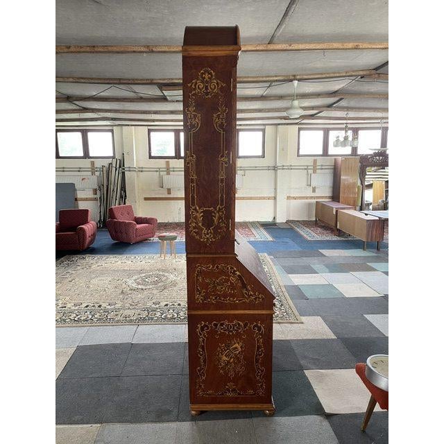 A- 312. 30 – 50 years old egyptian secretaire with on all sides [ inside] beautiful inlaid woodwork and brass ornaments in...