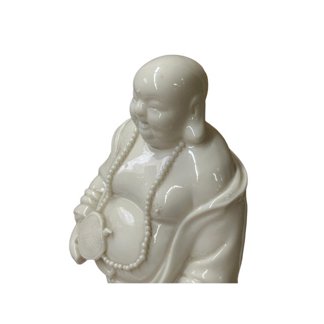 White White Happy Laughing Buddha Holding Fan Deity Porcelain Figure For Sale - Image 8 of 10