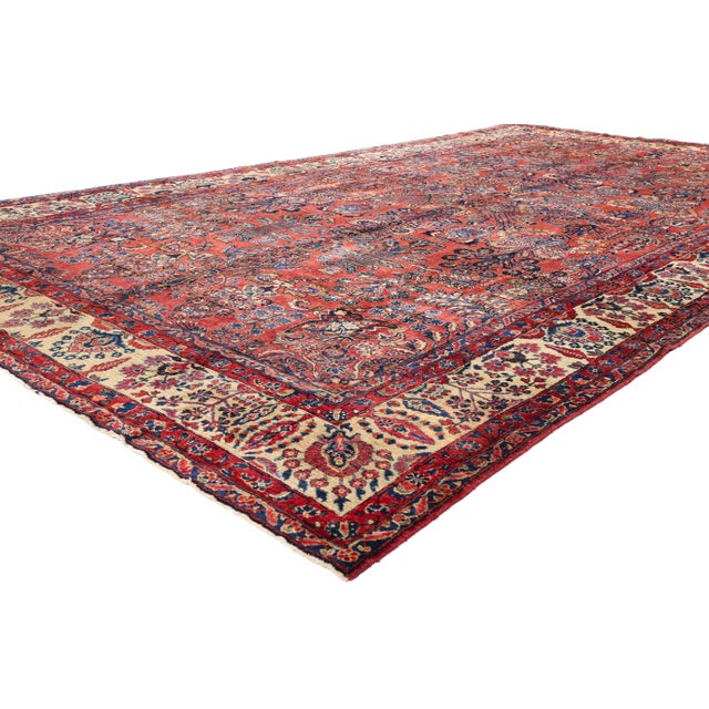 79222 Antique Red Persian Sarouk Rug, 08'08 x 15'07. The Crimson Court: An Heirloom Persian Sarouk of Floral Nobility This...