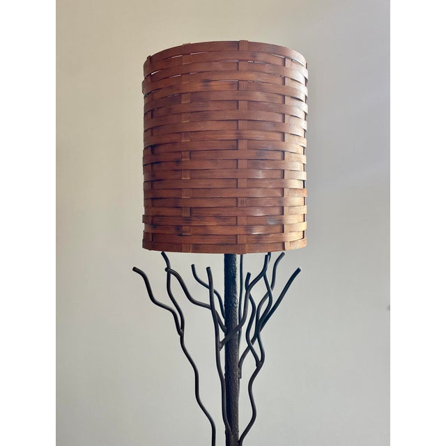 Wood Tree-Like Welded Iron Floor Lamp With Woven Wood Shade For Sale - Image 7 of 17