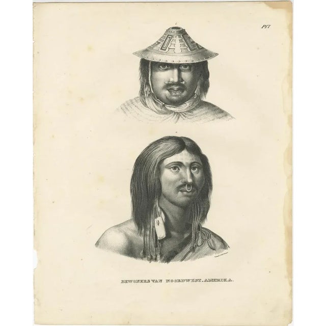 This lithograph, by Karl Joseph Brodtmann, is labeled "Bewoners van Noordwest-Amerika" (Inhabitants of Northwest America)....