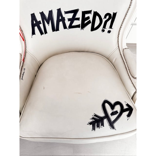 White Pair of Bespoke Jimmie Martin Hand-Painted White Leather Graffiti Armchairs For Sale - Image 8 of 18