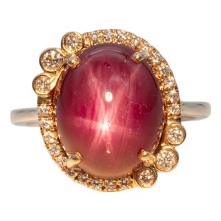 12Ct Star Ruby Ring With Earth-Mined Diamond Accents in Solid 14k Gold, 13x11mm, Size 6.75 For Sale