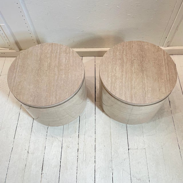 1980s Travertine Laminate Drum Side Tables With Chrome Trim - a Pair For Sale In Cleveland - Image 6 of 13