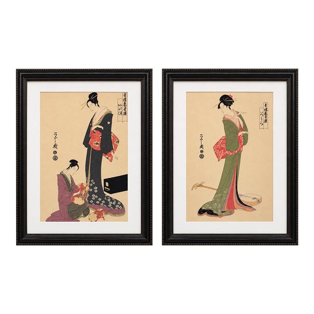 Pair of Original Japanese Pen-and-Ink Works on Rice Paper With Calligraphy For Sale