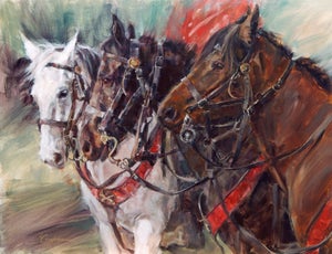 Cavalry Heroes by Lindsey Bittner Graham | Oil on board Three horses in harness with bridles.