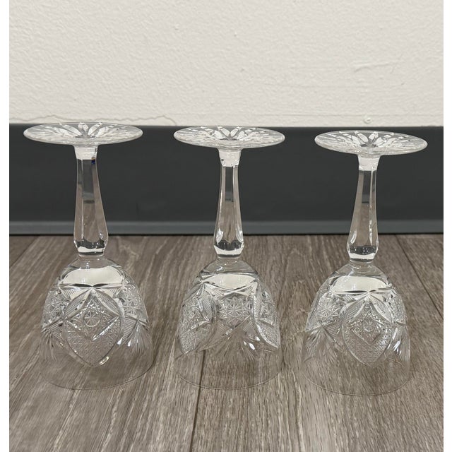 Mid 20th Century Fan & Diamond Cut Crystal Cordial / Dessert Wine Glasses - Set of 3 For Sale - Image 6 of 12