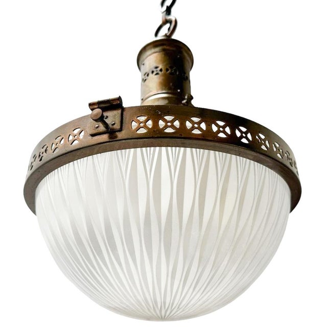 Holophane Arts & Crafts Patinated Brass Holophane Pendant Light, 1900s For Sale - Image 4 of 7