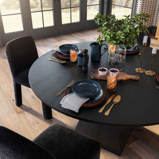 Boho Chic Nolan Black Round Wood Dining Table For Sale - Image 3 of 9