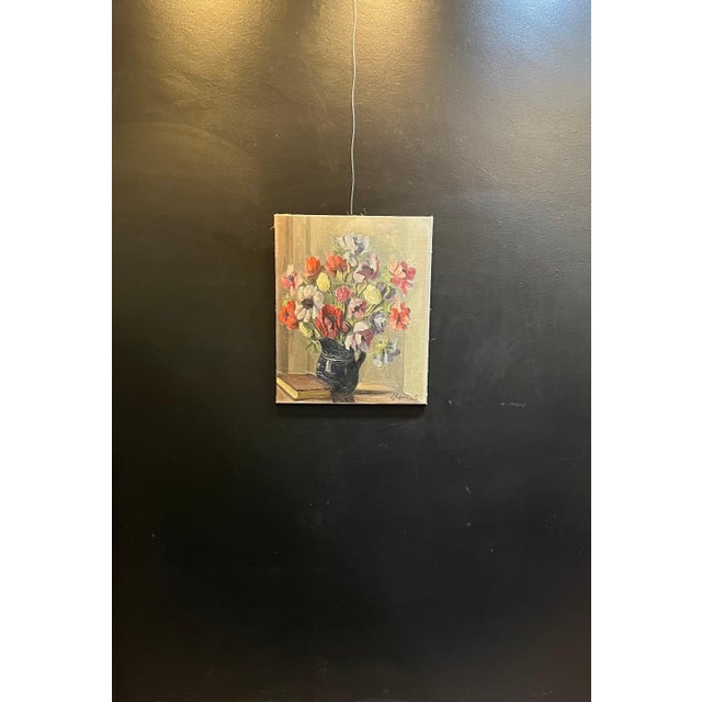 Black Louis Henri Salzmann, Flowers in a Black Pitcher, Oil on Canvas, 1935 For Sale - Image 8 of 11