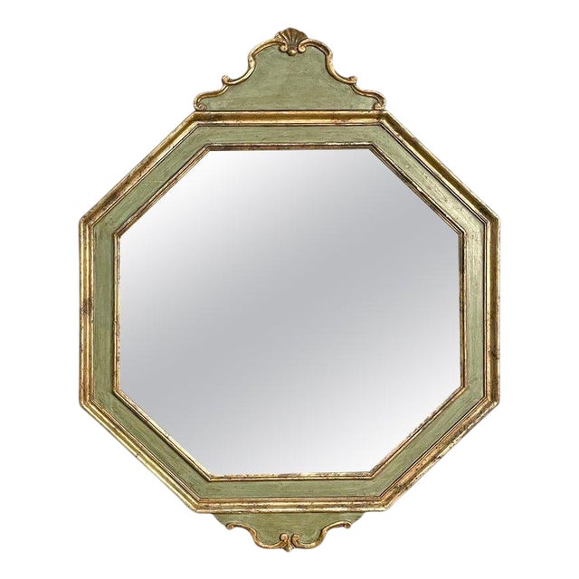 Antique Italian Octagonal Wall Mirror in Green Wood with Golden Profiles, 1700s For Sale
