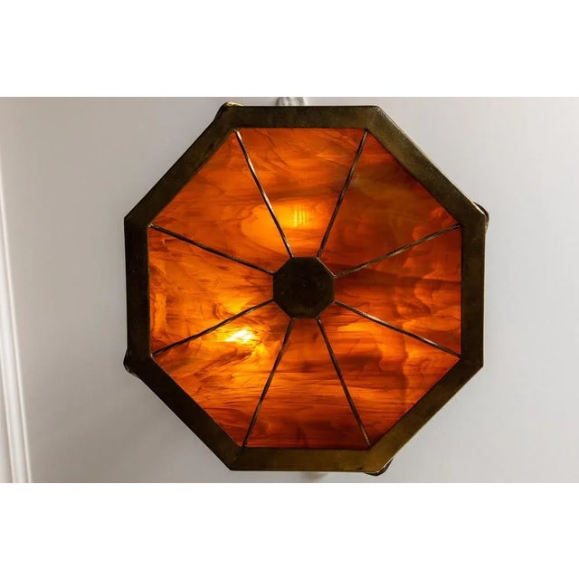 Metal Mid-Century Octagonal Patinated Metal and Art Glass Pendant Light, Germany For Sale - Image 7 of 18