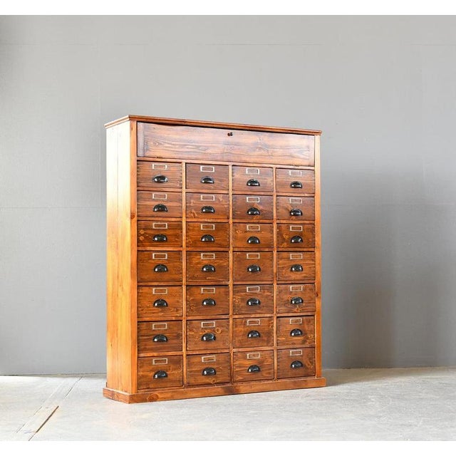 Bank Of Pine Workshop Drawers Circa 1940s - Tin cup handles with original black paint - Nickel card label holders - 28...