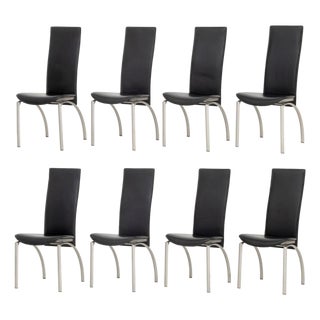 Set of Eight Modern Black Leather Dining Chairs For Sale